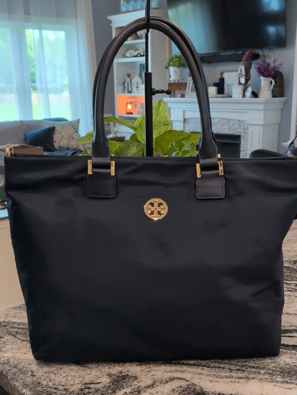 Tory Burch Black Nylon Tote with Gold Logo